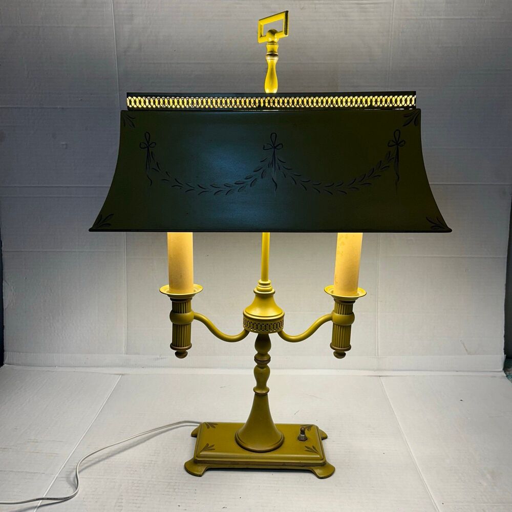 Vintage Tole Bouillotte Desk Lamp Yellow Metal Toleware 3-Light French Style 60s